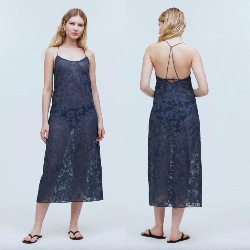 NWT Madewell Floral Halter Cover-Up Midi Dress Blue XS Burnout Beach Sheer $82